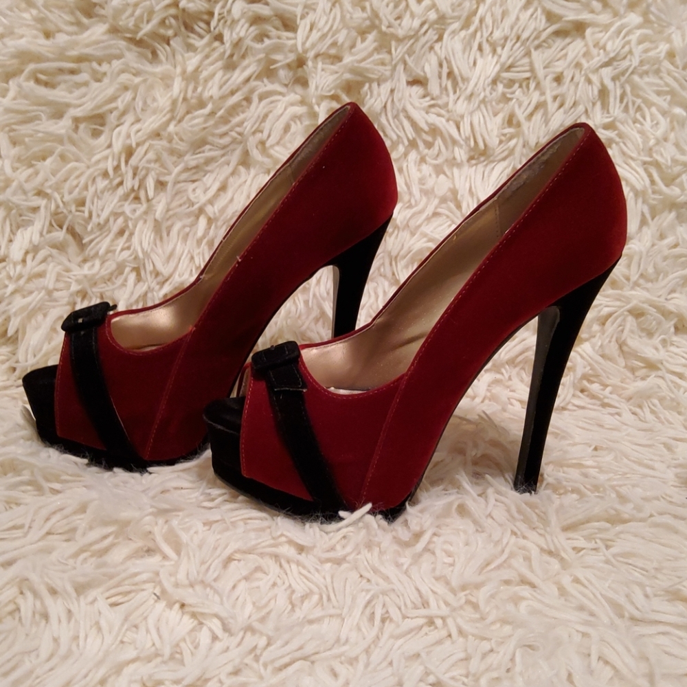 Qupid Velvet Burgundy & Black Heels Size 7½ - Picture 3 of 8